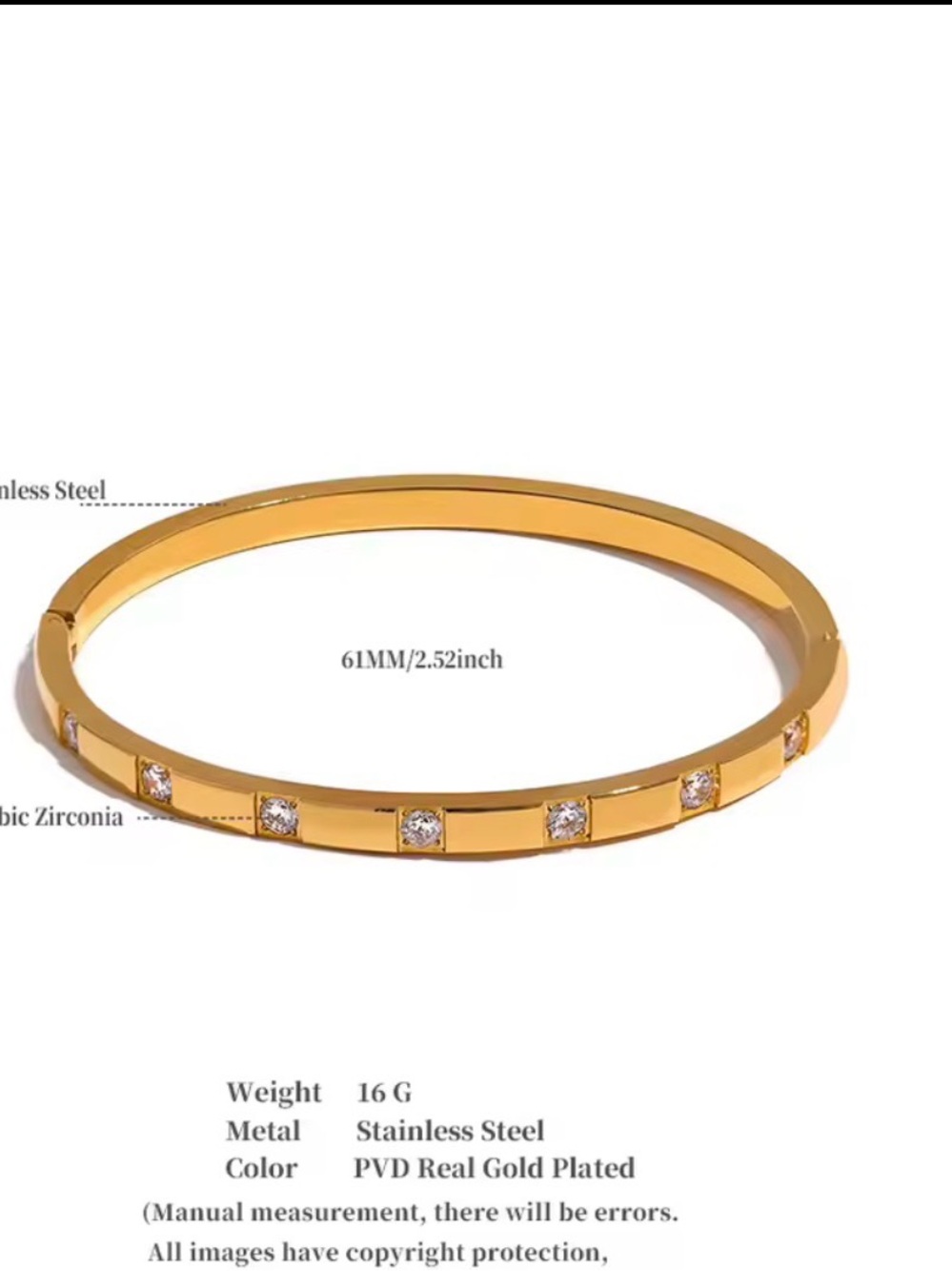 18k gold plated Stainless Steel Bangle Bracelet with Cubic Zirconia Accents - Picture 2 of 10